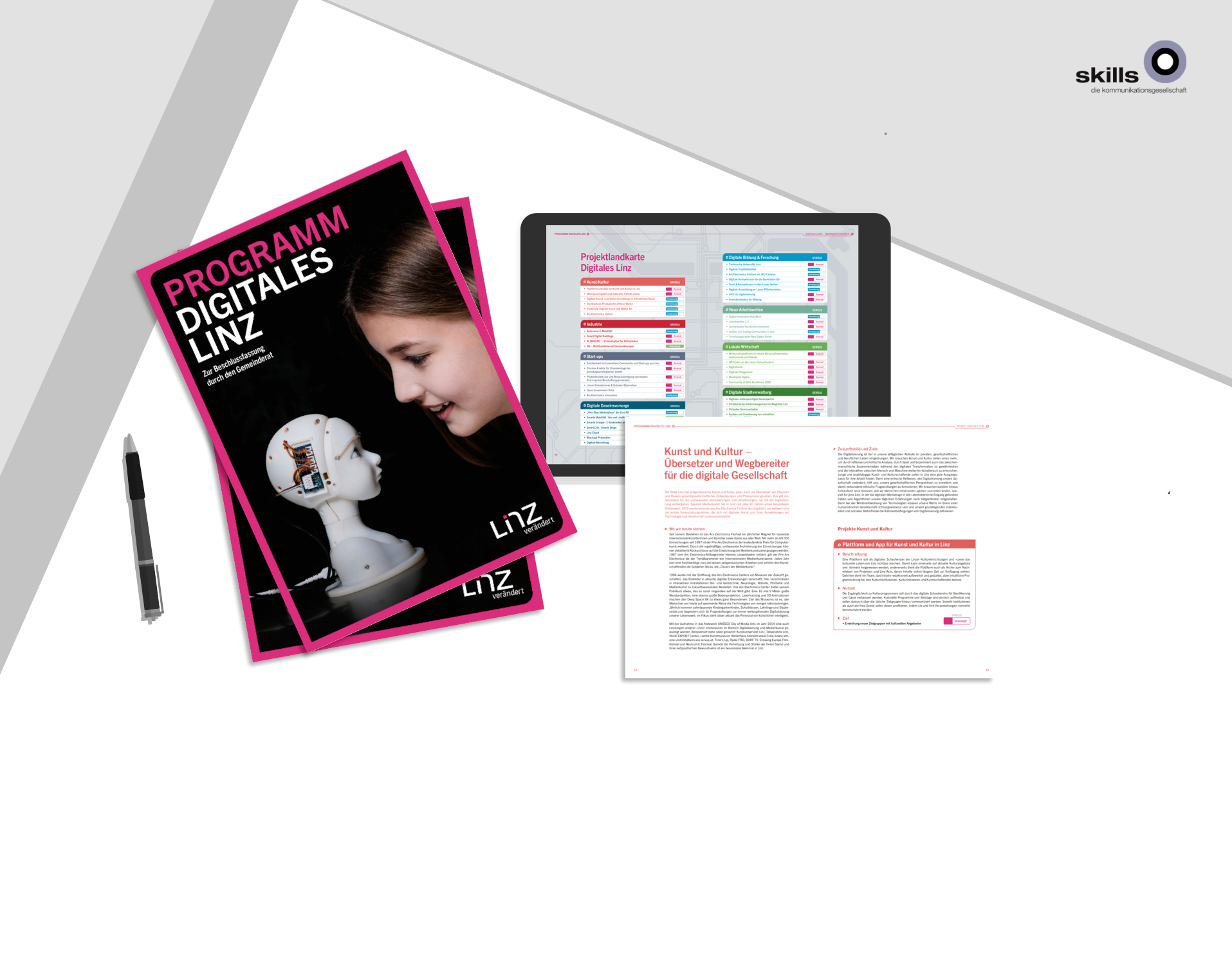 Brochure, tablet and printout on table
